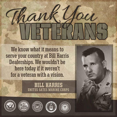 Text graphic reading 'Thank You Veterans' with the name 'Bill Harris' below it.